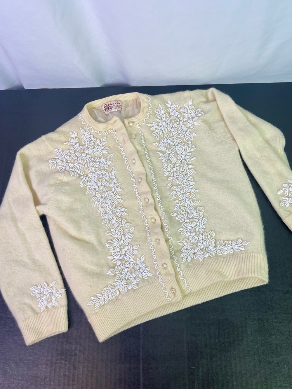 Vintage Stephen Chu Beaded Cream Women's Cardigan Sweater Size Small